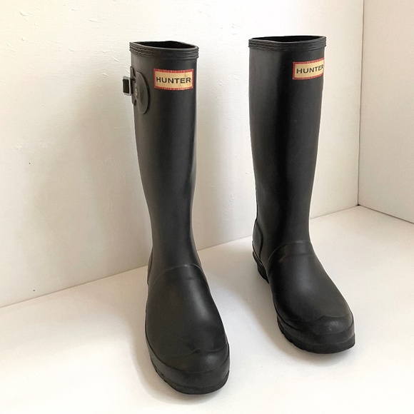 Hunter Original Tall Rain Boots Womens US 6 EU 37 Black Logo Heritage Teacher - Picture 1 of 13
